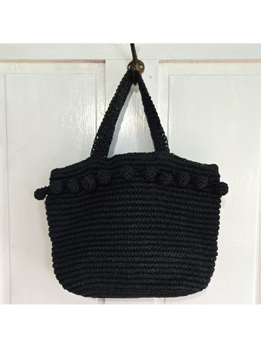 Buji Baja Woven Raffia Straw Handbag with Pom Pom Fringe and Gingham Lining - Picture 3 of 10